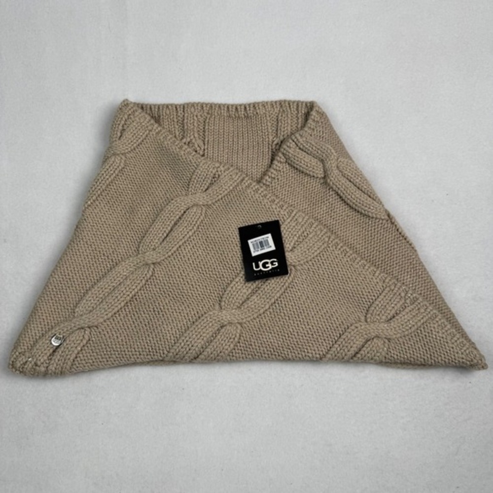 UGG Australia Womens Cable Knit Snood Metallic Tan Fleece‎ Lined Neck Warmer NEW